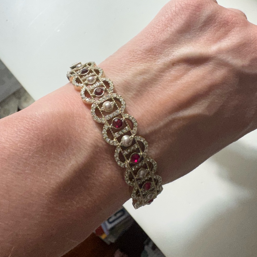 Marchesa Filigree Gold Bracelet with Red and Pearl Accents